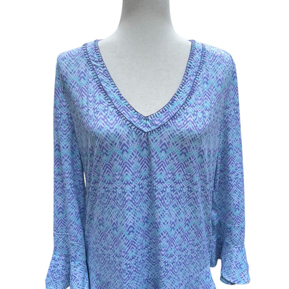 Cabana Life XL Blue Print Dress V-Neck Flounce Sleeves UPF Cover Up - Picture 3 of 13